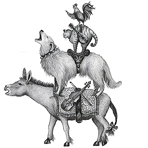 Rooster, cat, dog and donkey on top of each other.